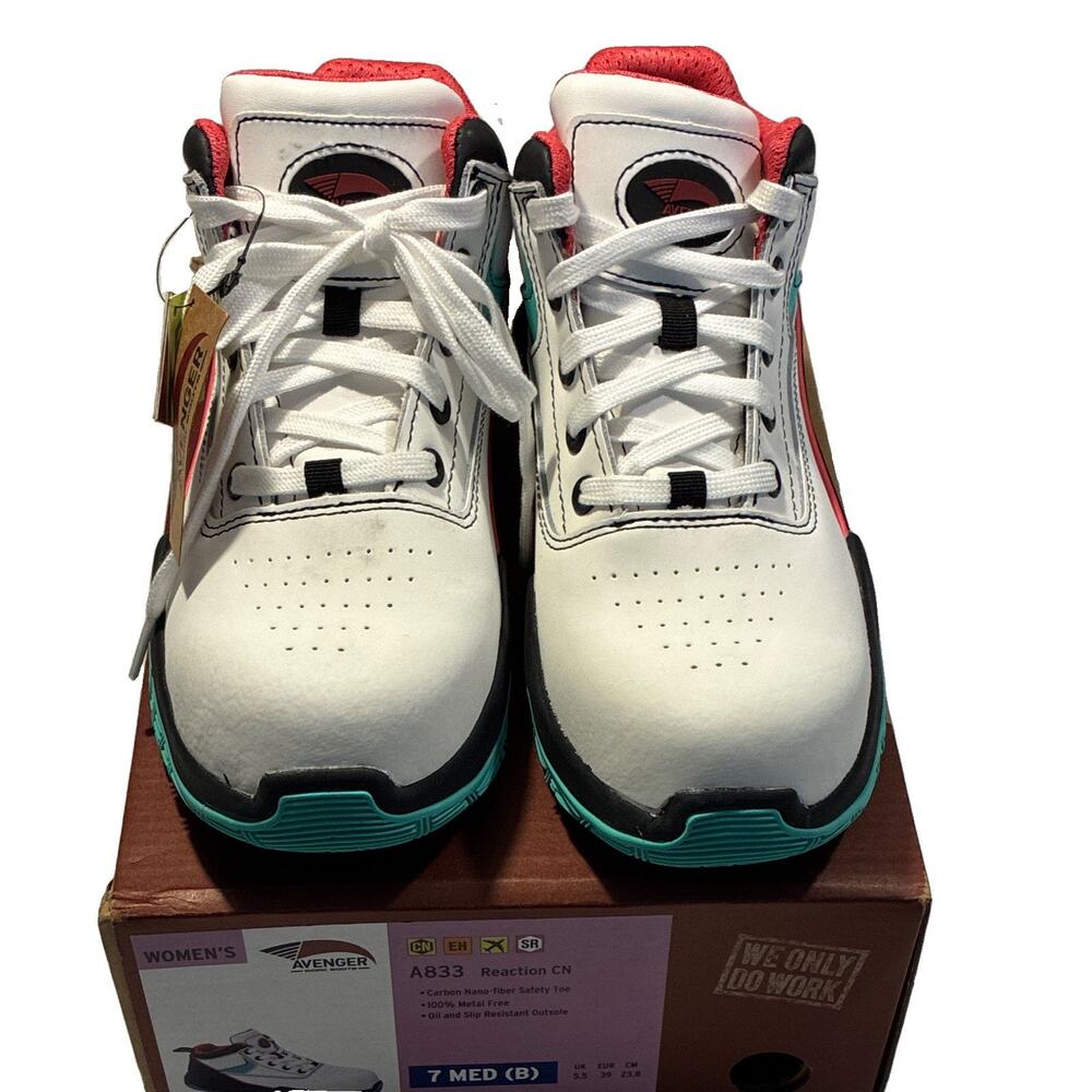 Avenger Women's Reaction CN Work Shoes A833 White Teal 7 M Carbon Safety Toe NIB